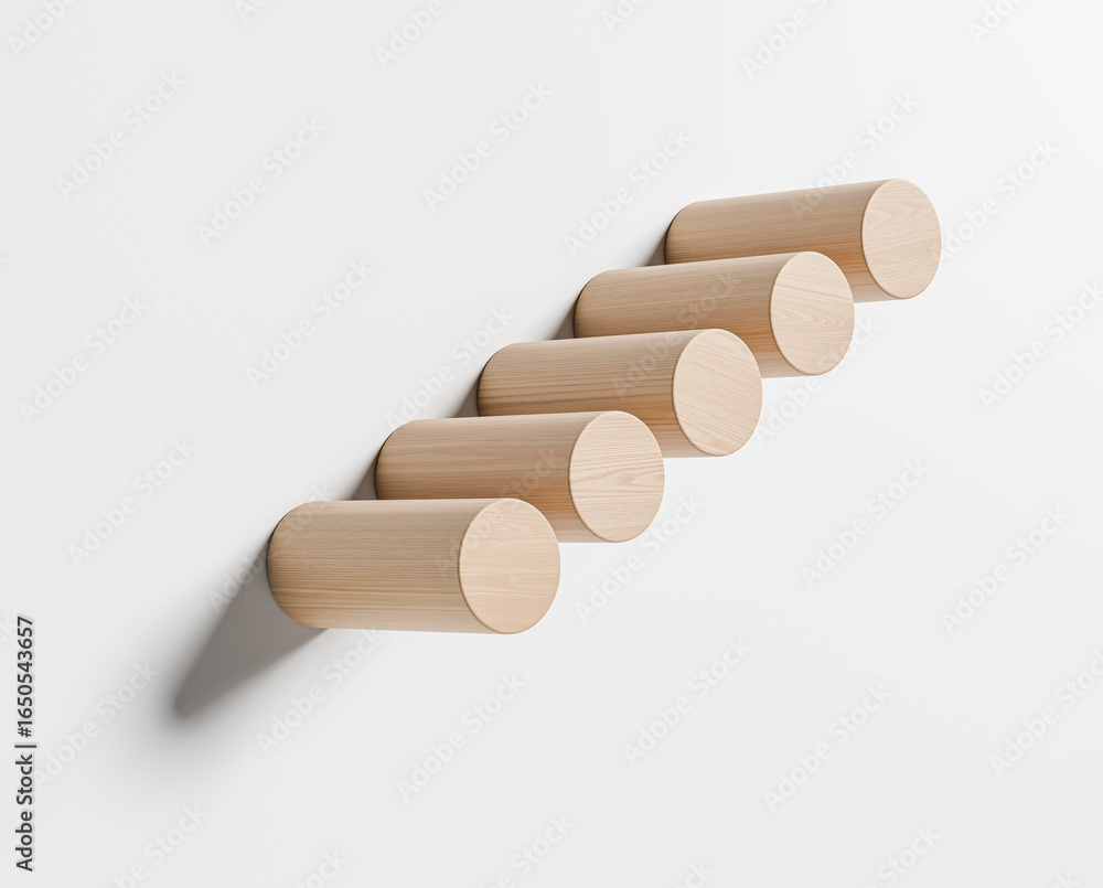 Poster minimalist wooden cylindrical wall elements arranged diagonally on clean white background for produc