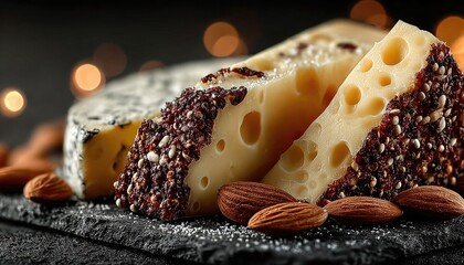 Aromatic cheese selection with almonds, on a black slate with bokeh background. Use for food blogs, gourmet recipes, or classy restaurant and menu design.