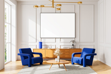 Blank poster mockup in elegant interior with blue chairs and wooden furniture on bright wall...