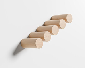 Minimalist wooden cylindrical wall elements arranged diagonally on clean white background for product mock up or modern space design concept.. 3D Rendering