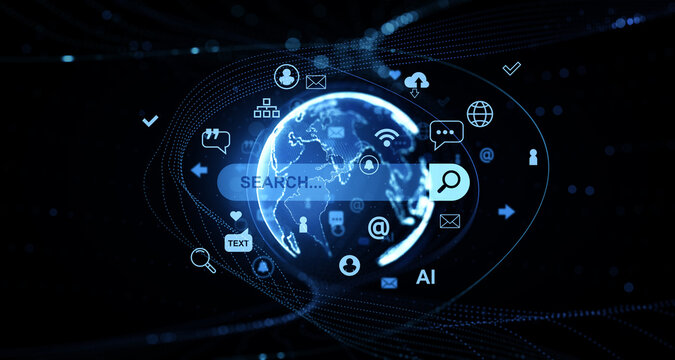 Global digital search interface with technology icons and glowing Earth in futuristic cyber environment on dark background. 3D Rendering