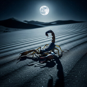 A scorpion under a full moon in a desert at night.