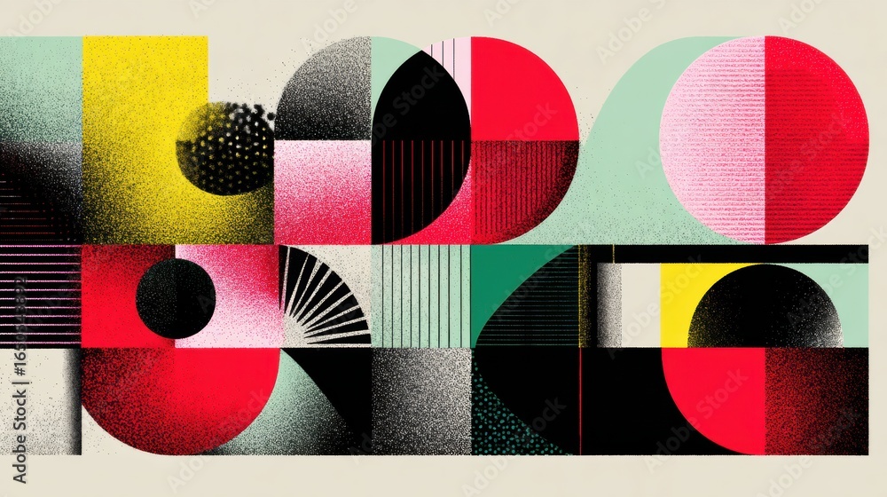 Poster artistic composition featuring geometric shapes in vibrant colors with contrasting textures in a mod