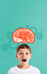 Surprised boy with illustrated brain and gears symbolizing learn