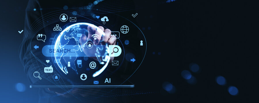Digital search interface with global connectivity icons and user hand interacting with virtual screen representing online technology concept.