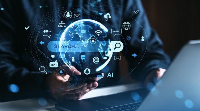 Digital search engine interface with glowing global network icons representing information technology and communication concept on dark background. - Powered by Adobe