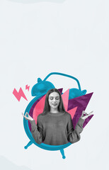 Surreal collage of a calm woman meditating inside an alarm clock