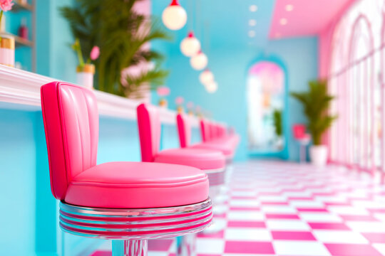 Retro diner interior with red stools and checkered floor classic American burger joint