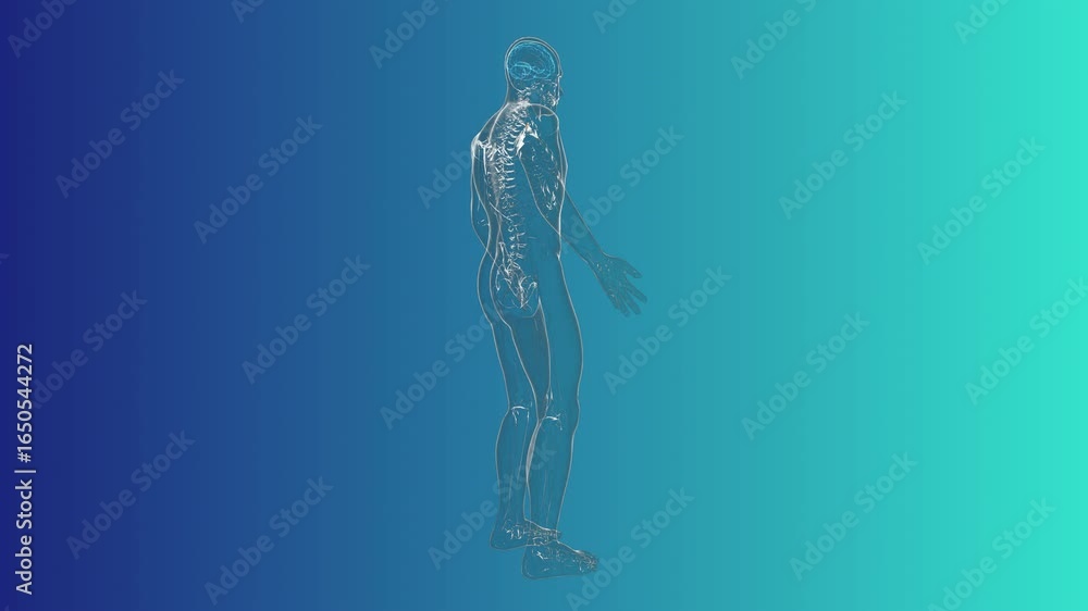 Poster dynamic 3d human anatomy wireframe: skeletal system and brain revealed on gradient background