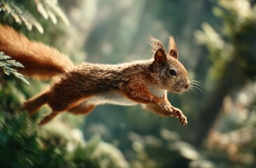 A squirrel leaping from a tree branch in a lush green forest with sunlight filtering through leaves