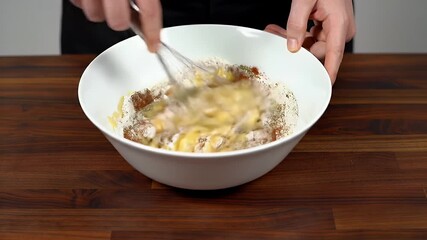 Person in Black Shirt Whisking Flour Eggs Herbs and Spices in White Bowl on Wooden Kitchen Surface Preparing Vegetarian Dish Demonstrating Home Cooking and Culinary Arts Ads Advertisement