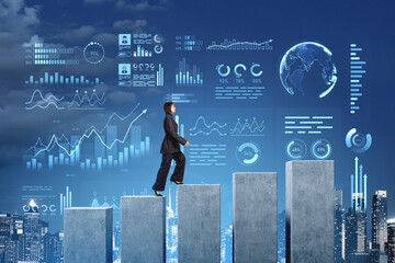 Businesswoman climbing bar chart steps with data visualizations