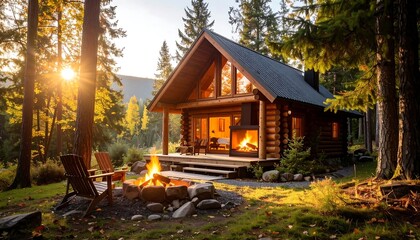 Cozy log cabin in autumn woods