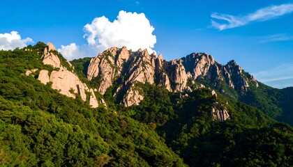 Lush green mountain range with dramatic, rocky peaks under a partly cloudy blue sky
