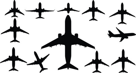 Airplane silhouette collection, aircraft vector icons, airplane top view, flying plane shapes, aviation clipart, airplane set, travel iconsAirplane silhouette collection, aircraft vector icons