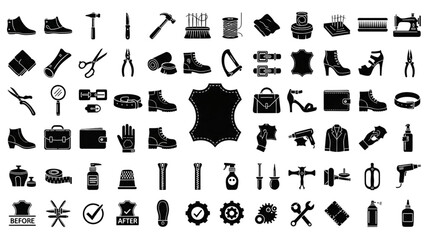 Leather and Shoe Repair Service Line Icon Set for Footwear Care, Bag Restoration, Customization, and Leathercraft Tools Vector Illustration
