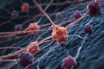 Human nerve tissue under microscope, showing neuron cell bodies and branching axons.