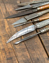 Antique surgical instruments arranged on aged wood
