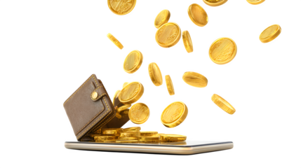 3D flying coins entering a digital wallet, white background,