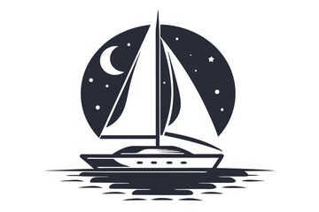 Sailboat at Night Silhouette with Crescent Moon on White Background