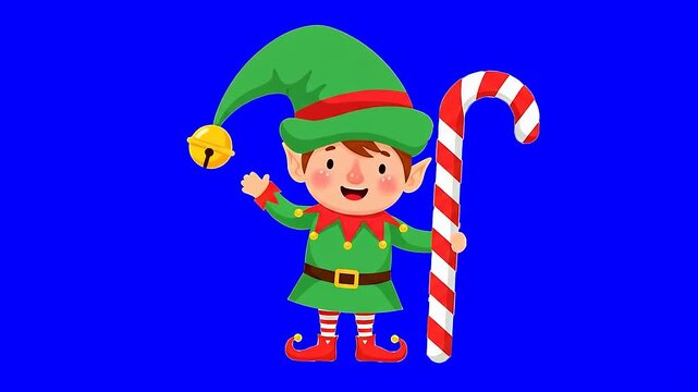 Cartoon elf with candy cane stands on blue wearing green outfit hat  red trim Hat has bell