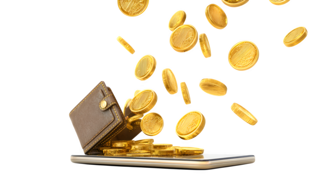 3D flying coins entering a digital wallet, white background,
