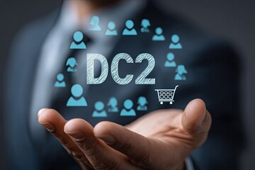 Businessperson's hand holds a holographic circle with the text DC2 surrounded by icons of people and shopping carts