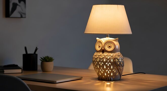 Stylish owl lamp casting a warm glow on modern desk with laptop, perfect for cozy home office or relaxing bedroom vibe, creating a peaceful atmosphere