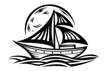 Sailing Boat on the Water with White Background in Black Silhouette Style