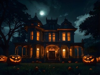 Fototapeta premium Cinematic Haunted Victorian Mansion at Midnight with Glowing Jack-o-Lanterns, Fog, and Full Moon Atmosphere