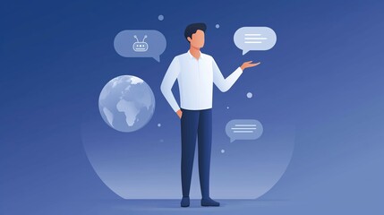 Professional man in a white shirt stands confidently with hand raised, surrounded by speech bubbles and a globe, illustrating communication and global connectivity concepts