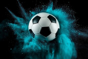 Fototapeta premium A soccer ball soaring through the air, its white and black colors contrasted against a dark background with a turquoise powder explosion behind it.