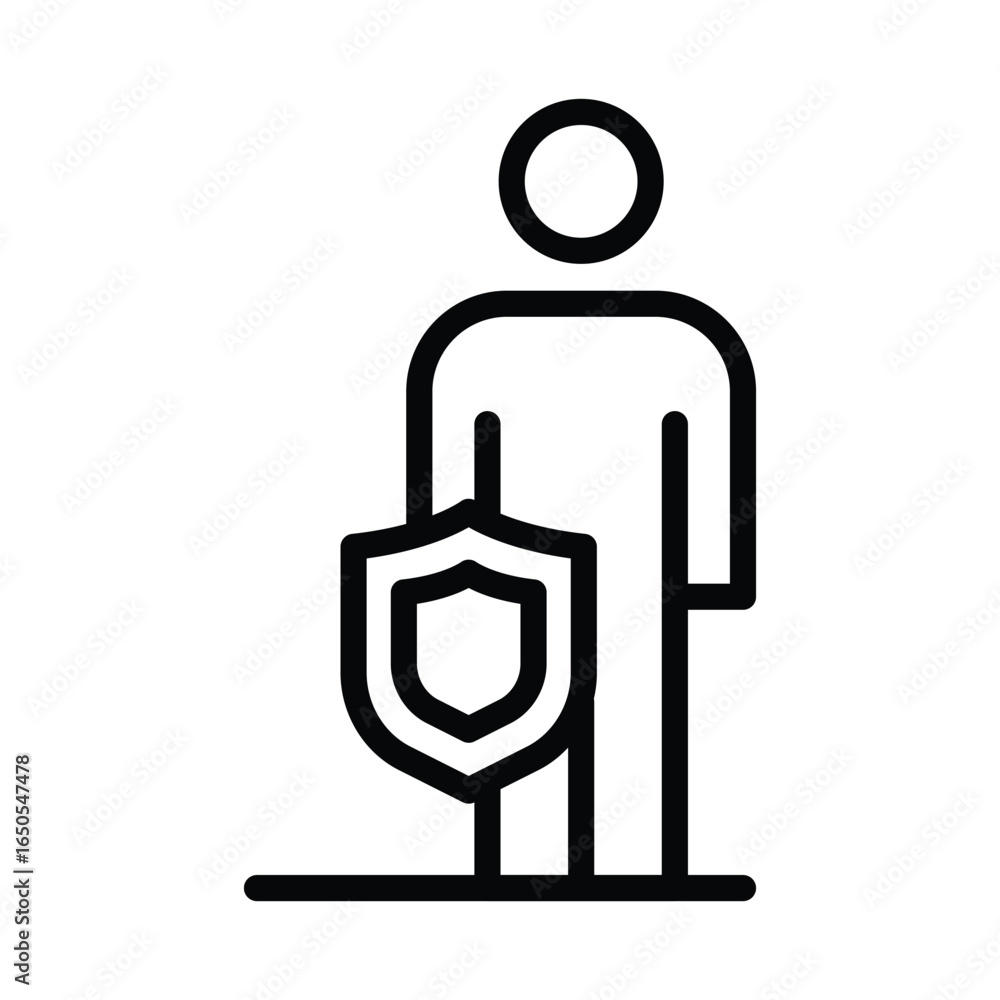 Poster a black lineart icon features a figure with a shield on a white backdrop, web icons in line style. e
