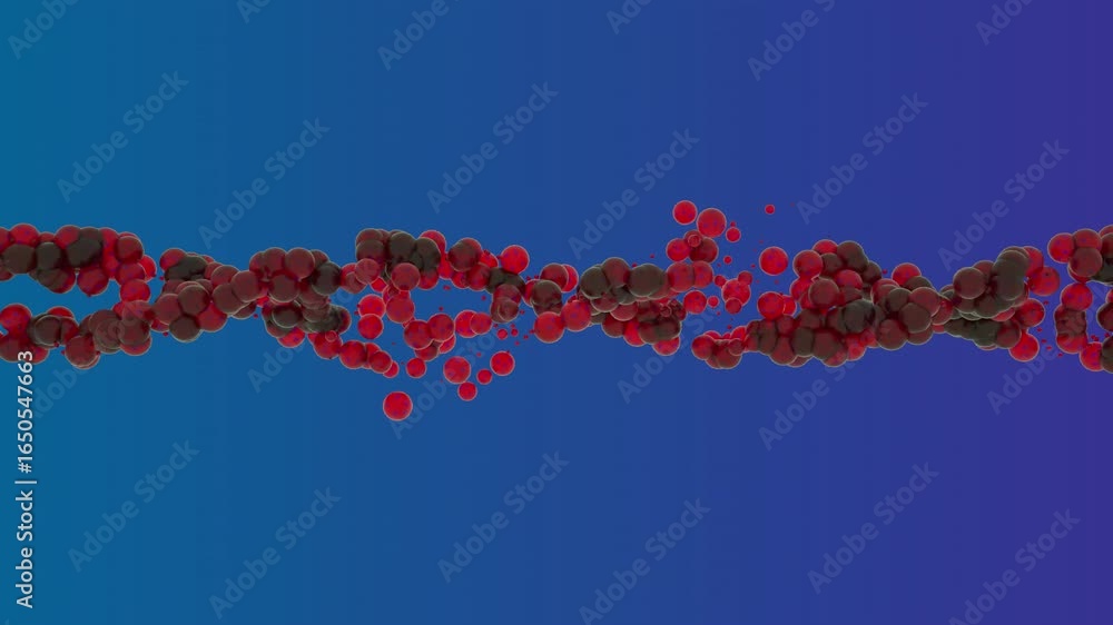 Poster dynamic abstract red spheres forming evolving molecular helix on gradient blue background