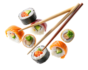 Chopsticks holding sushi flying in the air isolated on  white background ,PNG.AI Generated.
