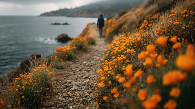 Coastal path, hiker, vibrant orange wildflowers