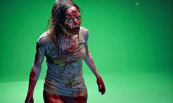 Terrifying Female Zombie Covered in Blood and Wounds Isolated on a Green Screen Background