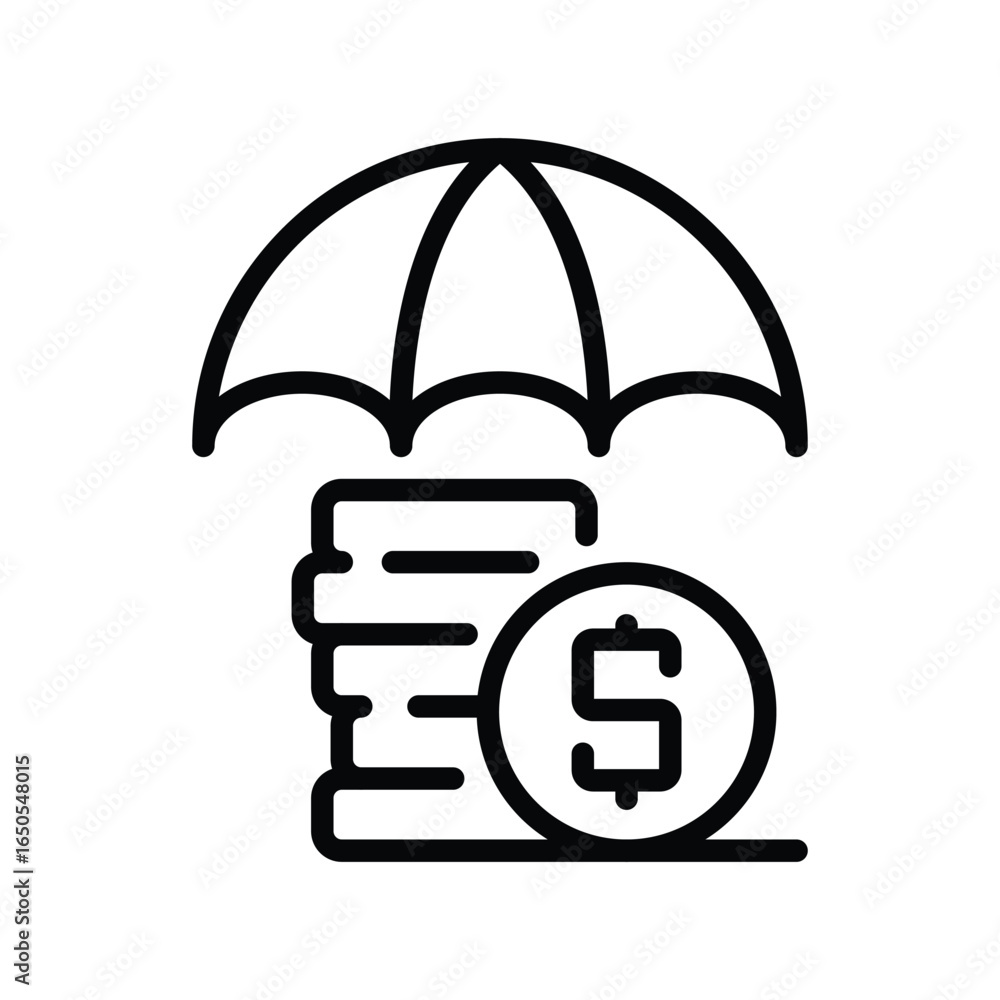 Poster a line drawing features an umbrella over stacked coins with a dollar sign, web icons in line style. 