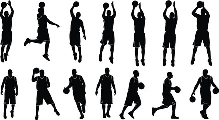 Obraz premium Basketball Player Silhouettes in Action, Jumping, Shooting, Dribbling, Sport Pose Collection, Athlete Movement