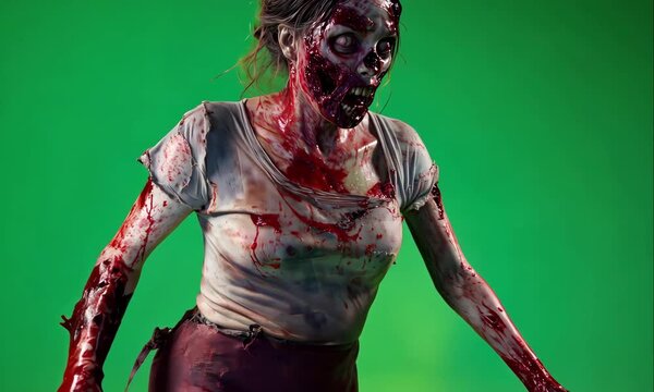 Realistic Blood-stained Horror Zombie Characters with Gore Effects on Green Screen