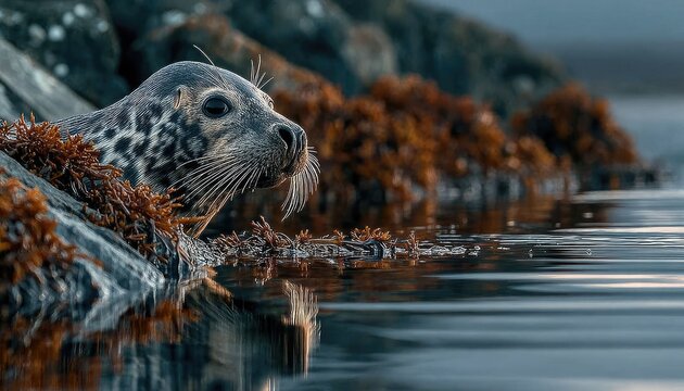 A grey seal pops its head above the water, surrounded by seaweed and rocks. Use this striking image to portray nature, wildlife, or marine conservation.