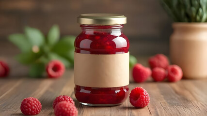 AI-Generated Jam Jar Packaging Mockup with Transparent Glass, Raspberry Jam, and Kraft Label