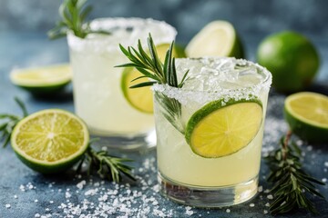 Fototapeta premium Refreshing margarita served with lime and fragrant rosemary for summer parties and festive celebrations