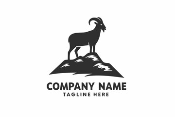 Standing Goat on Peak Vector, Rocky Hilltop Logo, Mountain Wildlife Silhouette