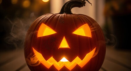 Spooky glowing jack-o'-lantern with wisps of smoke creating a haunted atmosphere for Halloween.