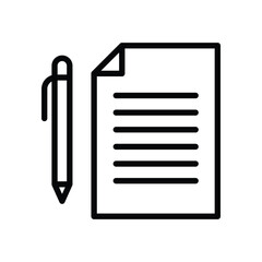 Pen beside document with 6 lines top right corner folded Black outline against white background, web icons in line style. Editable stroke