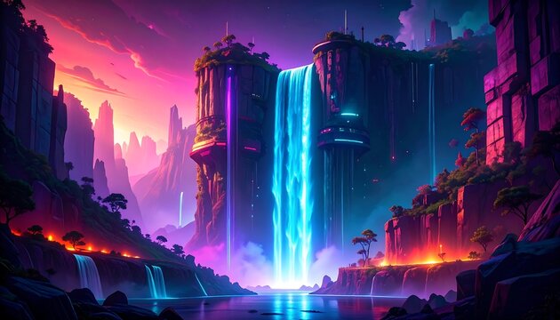 Vibrant Neon Waterfall Cascading Over Futuristic Cityscape.