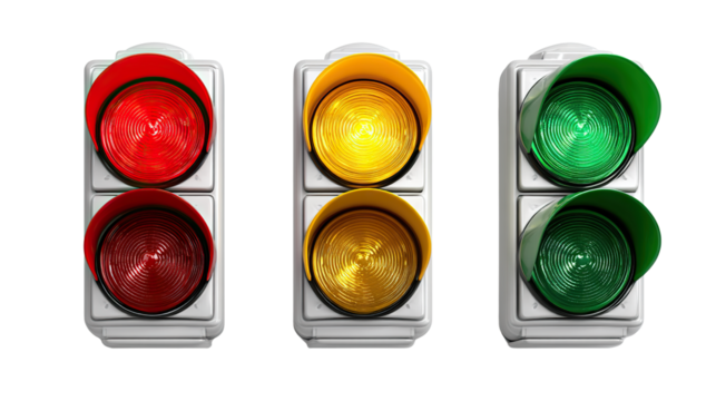 Traffic Light Trio: A vivid presentation of traffic lights showing red, yellow, and green signals, offering a clear and universally understood visual cue.