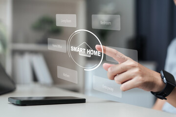 Close-up of a hand tapping a floating smart home interface to choose rooms across the house....