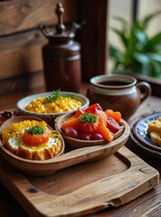 Delicious breakfast spread with smoked salmon scrambled eggs and coffee